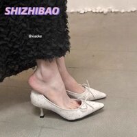 SHIZHIBAO Giày cao gót Polka Dot Bow kiểu Pháp dành cho nữ Máy bơm mũi nhọn mới