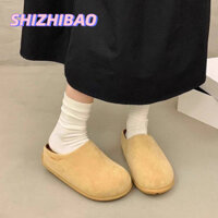 SHIZHIBAO Giày đế bằng bán chạy dành cho nữ, giày da lộn cổ điển mới gót tròn đế bệt lười hở mũi nửa dép cho mùa đông