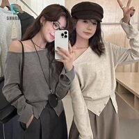 [Shngki] Áo chui đầu đeo vai xiên sang trọng Áo len dệt kim có nút xẻ [MỚI]