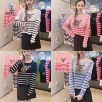 [Shngki] Áo thun nữ sọc in chữ thường ngày dài tay cổ tròn [MỚI]
