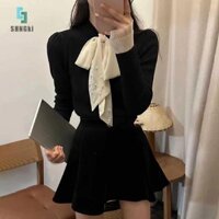 [Shngki] Áo thun thêu nơ nữ dệt kim lễ hội Giáng sinh Áo len thông thường [MỚI]