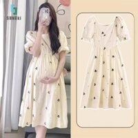 [Shngki] Váy bà bầu mới Thời trang mùa hè Váy ngắn tay dáng rộng chữ A Váy bà bầu Váy búp bê in hình mẹ bà bầu [MỚI]