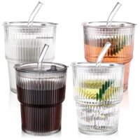 [Shnzff] 4 Cốc cà phê đá 16 OZ Ly uống nước bằng thủy tinh gợn sóng Cốc nước ép có nắp Ống hút có gân Kính trong suốt Cốc nước có thể tái sử dụng Tumblers cho nhà bếp văn phòng Smoothi