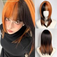 Shoeemporium Mullet Head Wigs, Medium Air Bang Black Highlight Orange Wig, Tóc Giả Tổng Hợp Lông Tơ Lớp Ngắn Thẳng Tóc Giả Nữ
