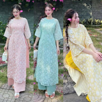 (SHOP BIGSIZE NỮ 50KG ĐẾN 90KG) set áo dài bông bi trắng cổ bính tròn tay lửng xinh xinh