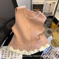 [Shop Giảm Giá] Màu Hồng Công Nghiệp Nặng Đính Hạt Phong Cách Chanel Áo Vest Nữ Phong Cách Mùa Xuân Cao Cấp Dệt Kim Váy Hai Mảnh Giả Đầu Nhỏ