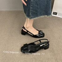 Shop giày bigsize nữ 77, mẫu 4p vuông bít mũi vuông đính nơ lồng khóa vuông hậu hở có khóa cài ic size 32_45