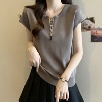 [Shop Hot Sale] 0kg Có Thể Mặc Size Lớn Phiên Bản Hàn Quốc Dây Kéo Ice Silk Áo Thun Nữ Tay Ngắn Mùa Hè Niche Sang Trọng Giả Hai Mảnh Bụng Bao Top