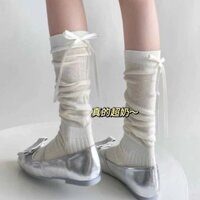 Shop miu miu Phong Cách ~ Phong Cách Ba Lê Nơ Đầu Gối Streamer Nữ Khâu jk Cọc Cọc Đơn Giản Tất Bắp Chân 3.14