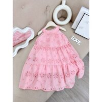 [Shop Tôm Tít] B100- Váy Maxi Đi Biển Cho Bé Gái Size 10-35kg, Chất Vải Thô Cổ Yếm Kiểu Dáng Maxi Dập Hình Hoa