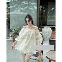 Shop up kèm ảnh thật nhé set trễ vai xinh xuất sắc ren thêu cao cấp hoa nổi tay bồng tiểu thư mix quần