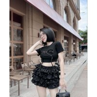 [Shopee video gỉam 25k] Set áo nữ baby tee kèm nơ phối chân váy nơ xòe bèo tầng chấm bi có quần trong