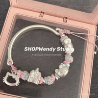 SHOPWendy | Vòng đeo tay dây bện nơ lâu đài kitty hoạt hình dễ thương 999 bạc nguyên chất có thể điều chỉnh