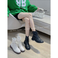 Shu Store | Giày Boot Nữ Cổ Cao Thắt Dây Có Khóa Sau Màu Trắng Đen Thời Trang Mới Cho Nữ