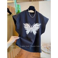 Shuangjietin Bướm Đen Bay Tay Áo Thun Nữ Mùa Hè Châu Âu Hàng Phiên Bản Lớn Rời Cao Cấp Không Tay Top20250402