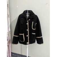 si tuyển Áo khoác lông cừu màu đen, lót da lộn/ viền thừng kim tuyến sang