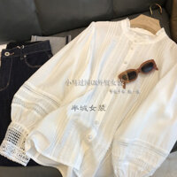 Siêu Cổ Tích ~ Phong Cách Tòa Án Pháp Công Nghiệp Nặng Ren Trắng Top Xếp Ly Phía Trước Tencel Cotton Nấm Cổ Áo Sơ Mi Nữ