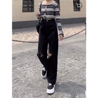 [Siêu dài, nhiều màu] Quần jean ống rộng đen rách gối 3129NH, kèm ảnh thật và video