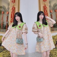 [Siêu Hot] Váy Hoa Vàng Phối Cổ Dáng Suông, Đầm Hoa Tay Phồng (Có Ảnh Thật Kem Video) 💝 *