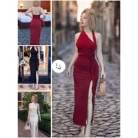 SIÊU HOT_Đầm body lệch vai cổ yếm phối hoa hồng xẻ tà đầy sang chảnh và cực kỳ cuốn hút, sexy trong mọi buổi tiệc