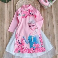 Siêu phẩm áo dài gấm elsa 3D + váy voan 2 lớp + mấn cho bé gái