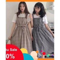 [SIÊU SALE 62% ]Sét Váy Kẻ Caro rút dây eo(Set Váy Yếm)