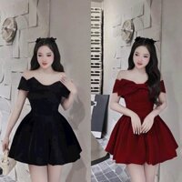 {SIÊU SALE GIẢM GIÁ SỐC}  Đầm dự tiệc trễ vai chất nhung đính nơ cổ dáng đầm ngắn xòe nhẹ cực sang KhảHân Shop
