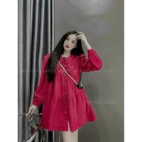 {SIÊU SALE GIẢM GIÁ SỐC}  Đầm babydoll chất tăm nhung cổ bèo nút tay dài dáng đầm ngắn cực dễ thương