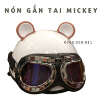 [Siêu Sale] Mũ Bảo Hiểm Nửa Đầu Trắng Bóng Gắn Tai Chuột Mickey Kèm Kính Phi Công Siêu Xinh