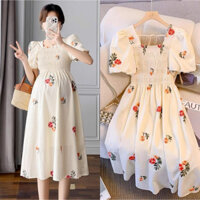 Siêu xinh-Váy Bầu thiết kế zun ngực, tay bồng, nền trắng hoa đỏ rất đẹp và sang chảnh