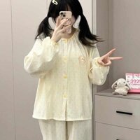 silk pajamas Pajamas pajamas Korean pajamas Chấm Bi Gấu Bơ Ngọt Ngào Mùa Xuân Thu Quần Dài Tay Nữ Mỏng Hoạt Hình Bộ Đồ Ngủ Có Thể Mặc Bên Ngoài Dễ Thương Homewear Phù Hợp Với