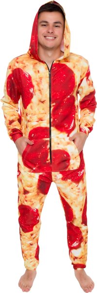 Silver Lilly Hooded Pizza Jumpsuit - Adult Pepperoni Pizza Costume - Print Long Sleeve Zip Pajamas