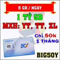 Sim 4G 5G Vinaphone BIG50Y 5GB/Ngày - Tỷ GB Mạng Xã Hội. Gia Hạn chỉ 50k