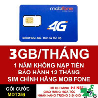 Sim 4G Mobifone - 3G/ Tháng MDT255 dùng 1 năm không nạp tiền