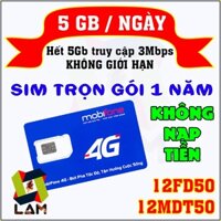 Sim 4G Mobifone KHÔNG GIỚI HẠN 3Mbps (5Gb/ngày) - 12FD50/12MDT50 - Trọn gói 1 năm KHÔNG NẠP TIỀN