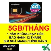 Sim 4G Vina D500 Trọn Gói 1 Năm Không Nạp Tiền - Gói 5GB/Tháng Mạng 4G Vinaphone Miễn Phí Trong 12 Tháng