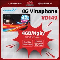Sim 4G Vinaphone V149 (4GB/ngày) Miễn Phí Nghe Gọi Lướt Web Miễn Phí 1 Năm Không Nạp Thẻ
