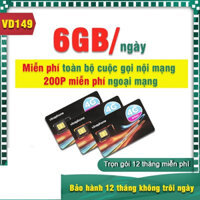 SIM 4G VINAPHONE VD149 6GB/ngày + Tặng miễn phí phút gọi nội mạng, tặng thêm 200 phút ngoại mạng - Free 12 Tháng