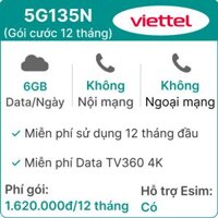 Sim 5G Viettel 12T5G135N 6GB/Ngày (Free TV360 4K) - 12 Tháng