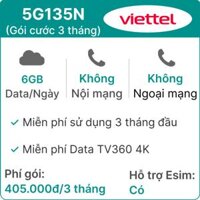 Sim 5G Viettel 3T5G135N 6GB/Ngày (Free TV360 4K) - 3 Tháng