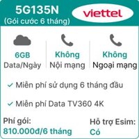 Sim 5G Viettel 6T5G135N 6GB/Ngày (Free TV360 4K) - 6 Tháng