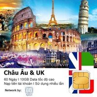 Sim Du lịch Châu Âu 60 Ngày 10GB