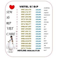 Sim Viettel đồng giá 650k,có đầu cổ 09, số đẹp, giá rẻ, nghe gọi thoải mái,sim Viettel