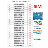 Sim viettel V120n số đẹp 29 ( 120gb data 4g, gọi viettel dưới 20' free, 50' ngoại mạng)