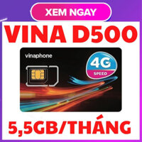 Sim Vina D500 Trọn Gói 1 Năm Sim 4G VinaPhone KM 5.5G/tháng 63gb/năm - không cần nạp thẻ