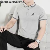 Sinransinya Áo polo Ngắn Tay Ôm Dáng In Họa Tiết Lông Vũ Phong Cách retro Hàn Quốc Cho Nam