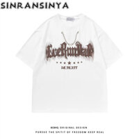 Sinransinya Áo thun nam mới kiểu Mỹ cổ điển đường phố cao cấp dây chuyền kim loại in chữ thể thao sinh viên cặp đôi thời trang cổ tròn tay ngắn