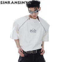 Sinransinya Áo Thun Tay Lỡ Cổ Tròn Phối Khóa Kéo Phong Cách Đường Phố Mỹ Thời Trang Cho Nam