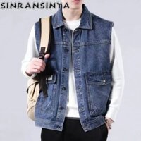 Sinransinya Áo vest denim nam mới phiên bản Hàn Quốc thiết kế cao cấp giản dị cổ điển có túi lớn dành cho thanh thiếu niên và cặp đôi, áo thời trang