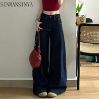 Sinransinya Mỹ Retro Xanh Đậm Quần Jean Ống Rộng Rời Giảm Béo Quần Thẳng Drap